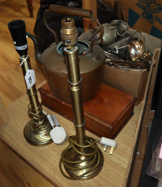 A quantity of mixed silver plate, scales and a pair of table lamps